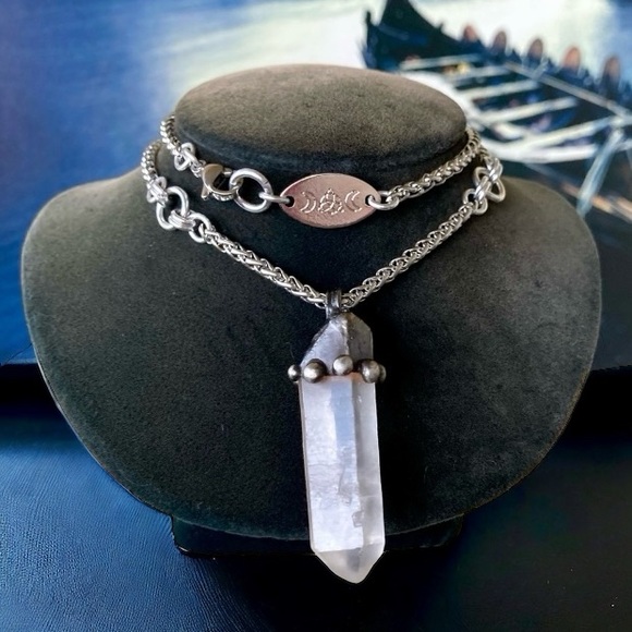 Natural raw clear crystal quartz gemstone boho goth stone charm steel necklace - Picture 3 of 16